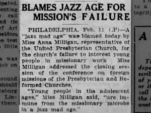 The Jazz Age is blamed for young people's failure to participate in missionary work