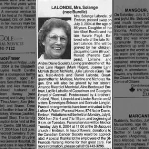 Obituary for Solange LALONDE (Aged 86)