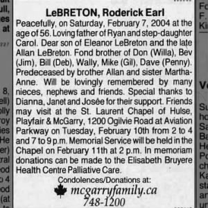 Obituary for Roderick Earl LeBRETON