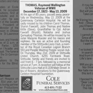 Obituary: Raymond Wellington THOMAS, 1923-2009 (Aged 85)