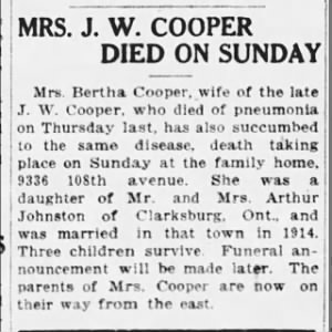 Obituary: Bertha Cooper née Johnston