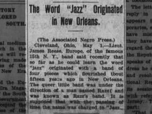 Article says jazz originated in New Orleans and gives a possibility for how the term developed