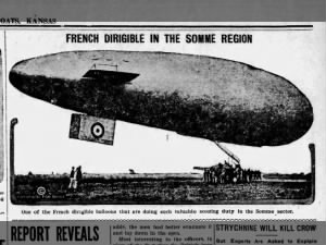 Newspaper photo of a French dirigible used for scouting in the Somme region