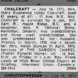 Obituary for Mary Euphemia CHALCRAFT (Aged 81)