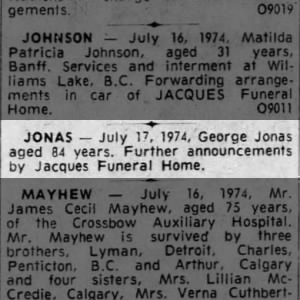 Obituary for George JONAS (Aged 84)