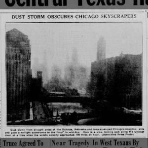 Photo of Dust Bowl dust storm that blew dust through Chicago in 1934, blocking skyscrapers
