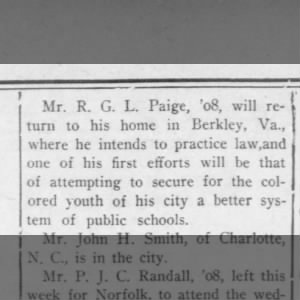 Mr. R.G.L. Paige, Howard University Law School, class of 1908, Intentions Stated