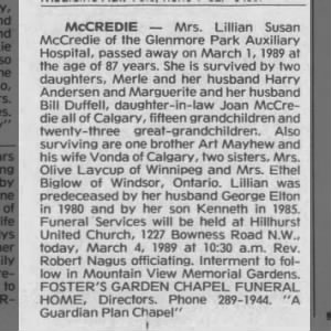 Obituary: Lillian Susan McCredie née Mayhew