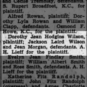 Dorothy Jean Hodgins vs Jackson Laird Wilson. Ottawa Citizen, May 3, 2914, p16.