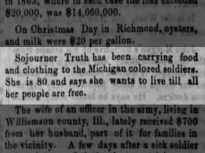 1864 newspaper mention of Sojourner Truth's work with Black soldiers during the Civil War
