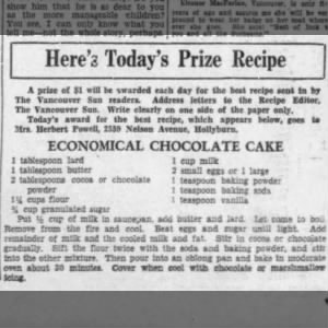Recipe: Economical Chocolate Cake (1932)