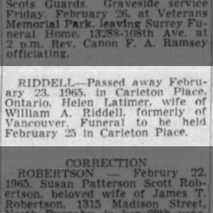 Obituary: Helen Riddell née Latimer