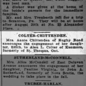 The engagement of Edith Chittenden to Alan L Colter 16 Aug 1925