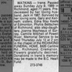 Obituary for W ATKINS (Aged 71)