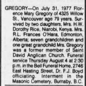 Obituary: Florence Mary Gregory (Aged 79)
