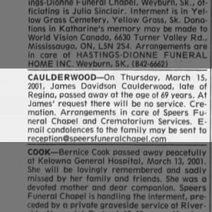 Obituary for James Davidson CAULDERWOOD (Aged 69)