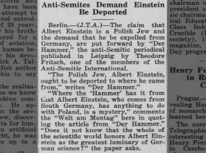 Newspaper demands Albert Einstein be deported from Germany