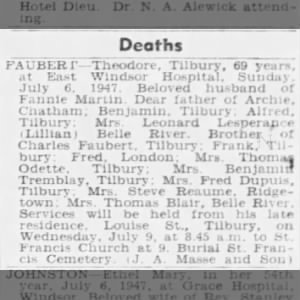 Faubert, Theodore 69yrs husband of Fannie nee Martin