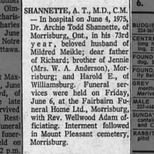 Dr. Archie Todd Shannette death notice 1975.