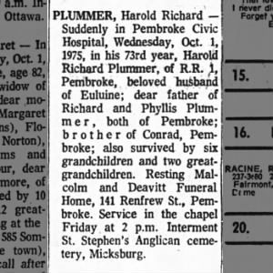 Obituary: Harold Richard Plummer