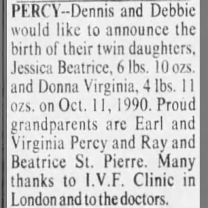 Jessica Beatrice & Donna Virginia Percy Birth