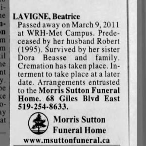 Obituary for LA Beatrice VIGNE