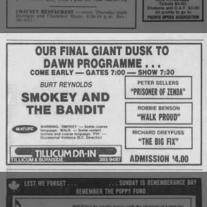 Tillicum Drive-In final show November 11 1979