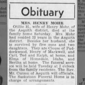 Obituary: Otillie H. Mohr