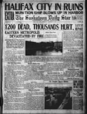Saskatchewan newspaper front page of the Halifax Explosion from December 6, 1917