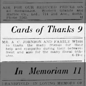 Cards of Thanks: A. C. Johnson