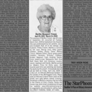 Obituary for Martha Margaret Friesen, 1925-2009 (Aged 83)