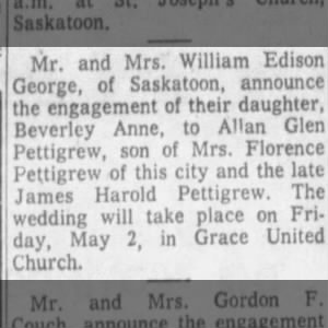 Allan Pettigrew and Beverley George engagement announcement.