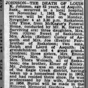 Obituary: LOUIS K. JOHNSON (Aged 82)