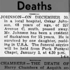 Obituary for Oskar JOHNSON (Aged 68)