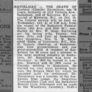 Obituary for Gustave Hanselman (Aged 79)