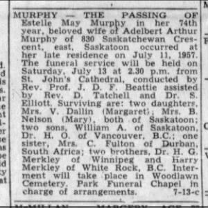 Estelle May Murphy Obituary Saskatoon 1957
