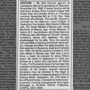 Obituary for Nick HRYCUIK (Aged 81)