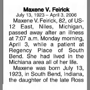 Obituary: Maxene V. Feirick nee Renwick, 1923-2006 (Aged 82) part 1