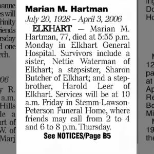 Obituary for Marian M. Hartman, 1928-2006 (Aged 77)