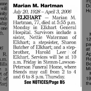 Stepsister of Sharon & Harold Leer Passes Away