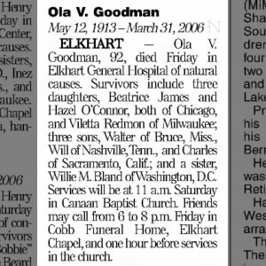 Obituary for Ola V. Goodman, 1913-2006 (Aged 92)