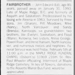 Obituary for John Edward FAIRBROTHER (Aged 85)