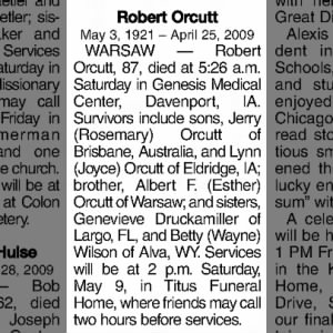 Obituary for R Roobbeerrtt OOrrccuutttt, 1921-2009 (Aged 87)