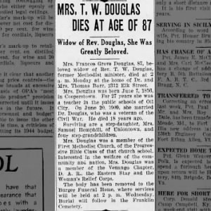 Obituary: Mrs. T. W. Douglas nee Frances Grove
