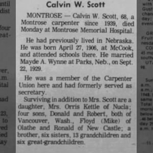 Obituary for Calvin W. Scott (Aged 68)