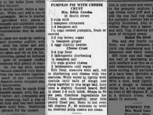 1936 recipe for pumpkin pie with a cheese crust