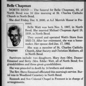 Obituary for Belle Chapman, 1907-2000 (Aged 93)