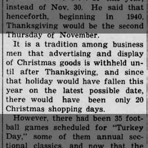 Christmas shopping season would've been shortened by late Thanksgiving in 1939