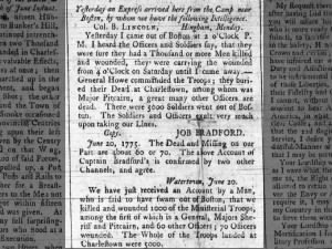 Newspaper article giving statistics of British killed and wounded in Battle of Bunker Hill