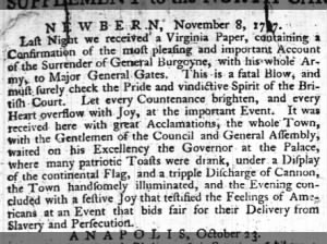 Newspaper account of reactions in North Carolina to the news of Burgoyne's surrender at Saratoga
